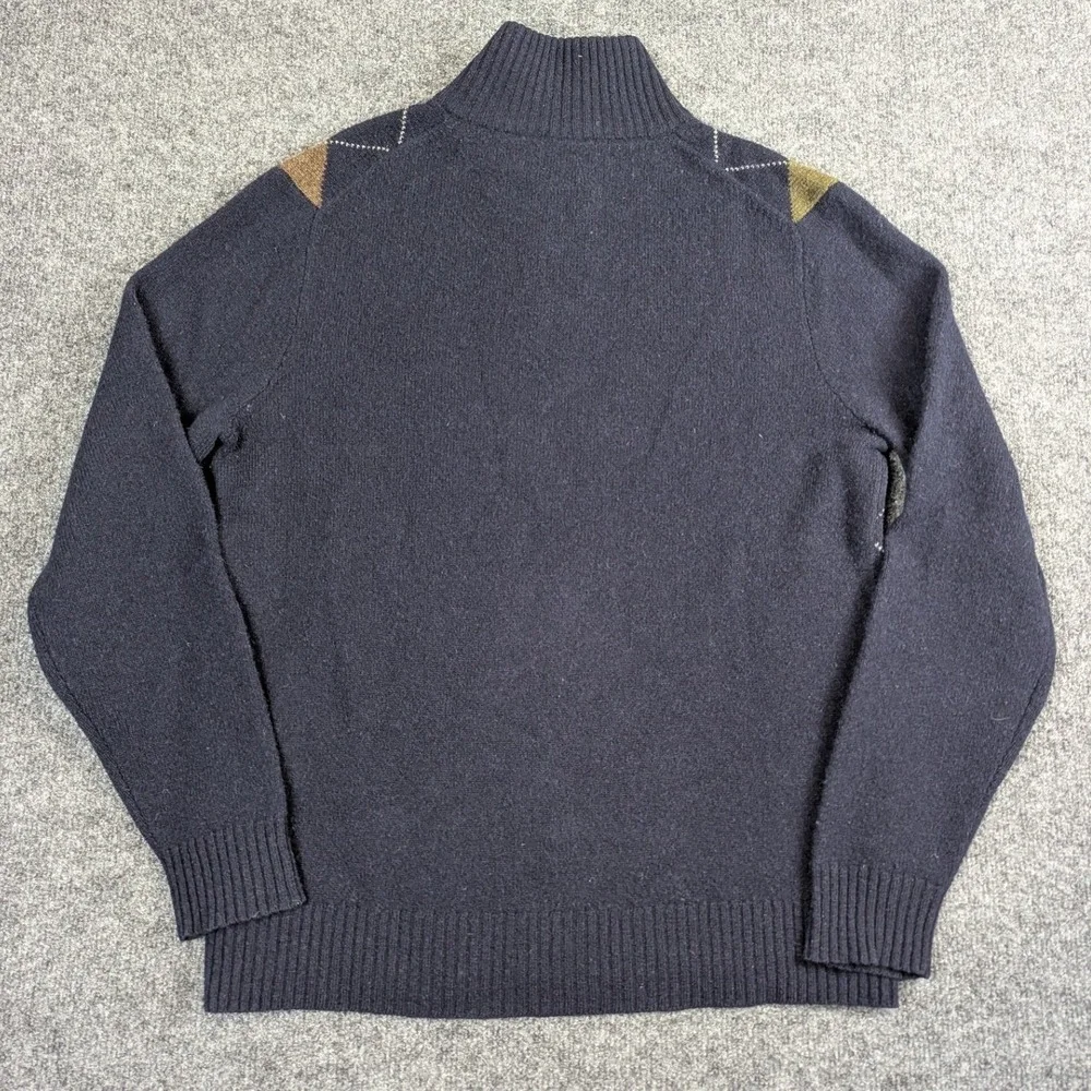 J. Crew Mens Argyle Quarter Zip Sweater Navy Blue Lambswool Elbow Patches Medium